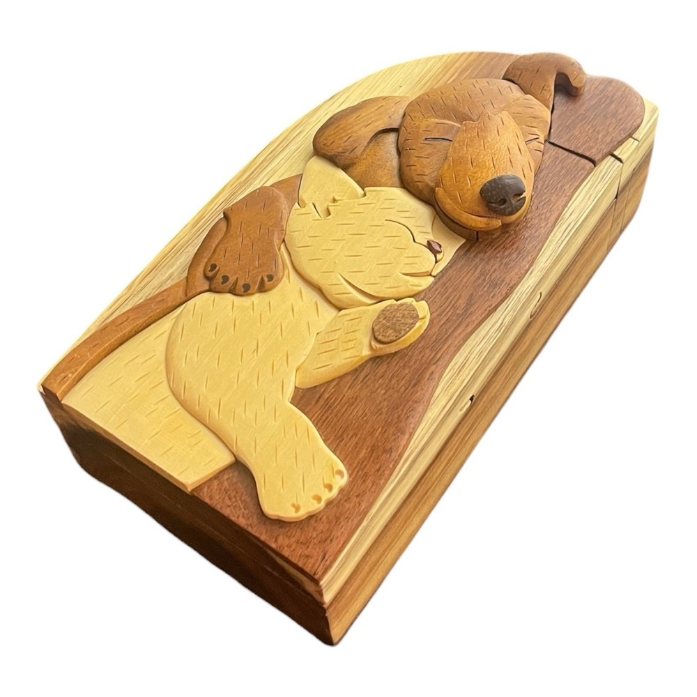 Vtg 1990's Hardwood Wood Trinket Puzzle Box Carver Dan's Best Friends-Dog Cat